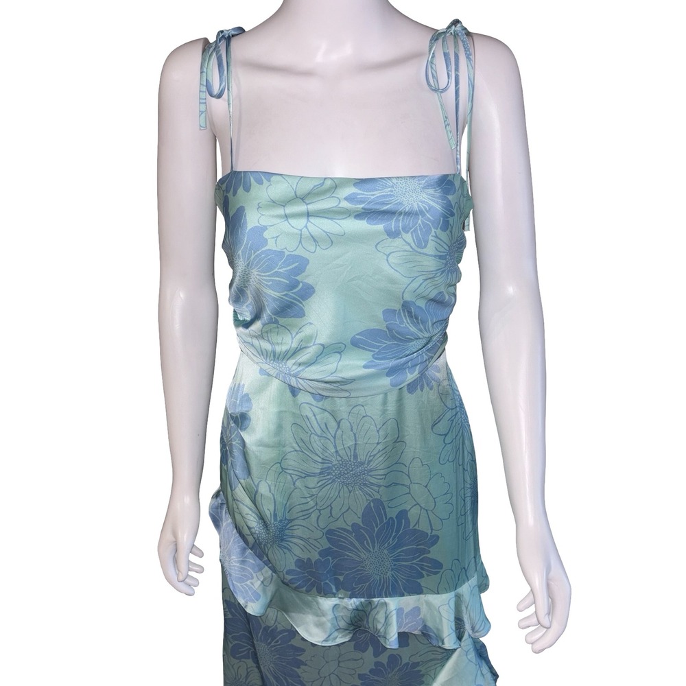 Wayf Floral Tie Shoulder Ruffle High Low Midi Dress Blue Size 8 NWT Summer
